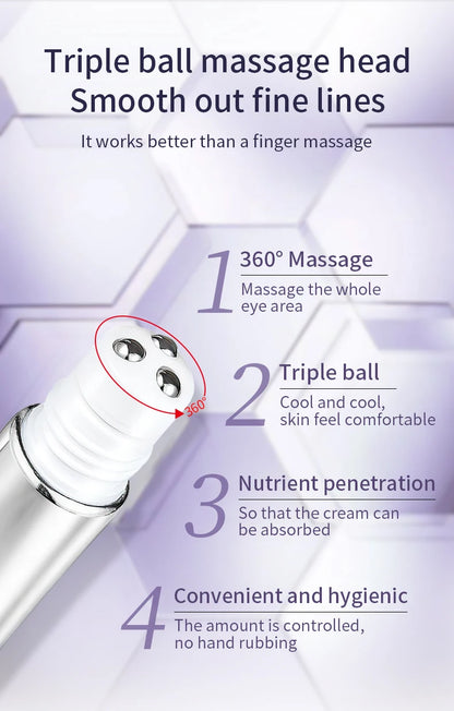 Anti Wrinkle Eye Cream Roller Massager Pro reduces dark circles, hydrates deeply, smooths fine lines, and refreshes tired eyes for a youthful look